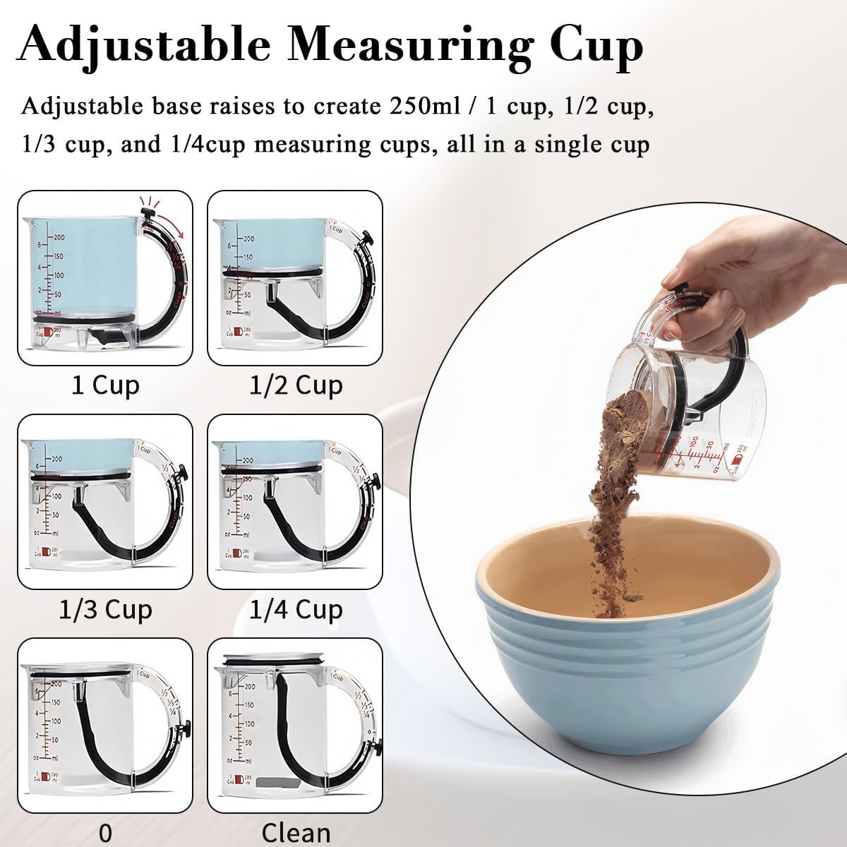 4-In-1 Adjustable Measuring Cup, Multi Measurings Cube Cups for Cooking and Baking with Oz/Ml Dual Markings, Scraper-Style Seal Base, Space-Saving Easy to Clean