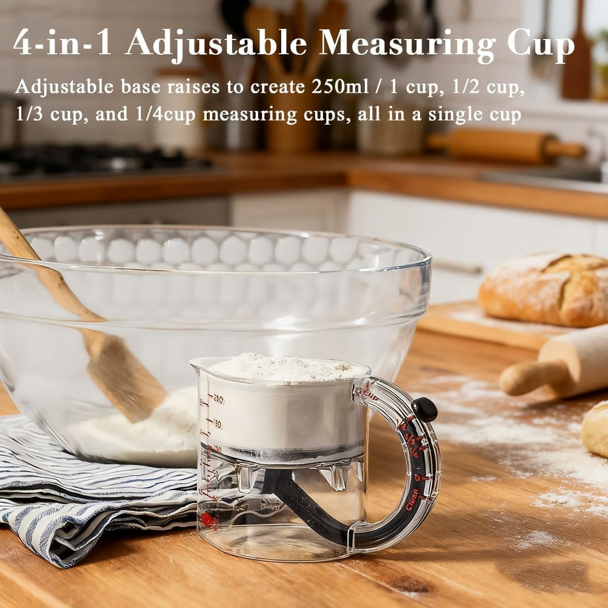 4-In-1 Adjustable Measuring Cup, Multi Measurings Cube Cups for Cooking and Baking with Oz/Ml Dual Markings, Scraper-Style Seal Base, Space-Saving Easy to Clean